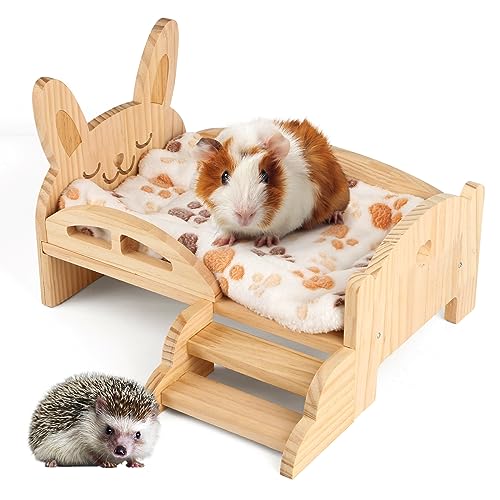 Image of Wooden Guinea Pig Bed with Mat 13.5IN X 9.3IN Detachable Hideout with Stairs Small Animal Cute Warm Habitats for Hamsters Ferret Bunny Sleeping Hiding