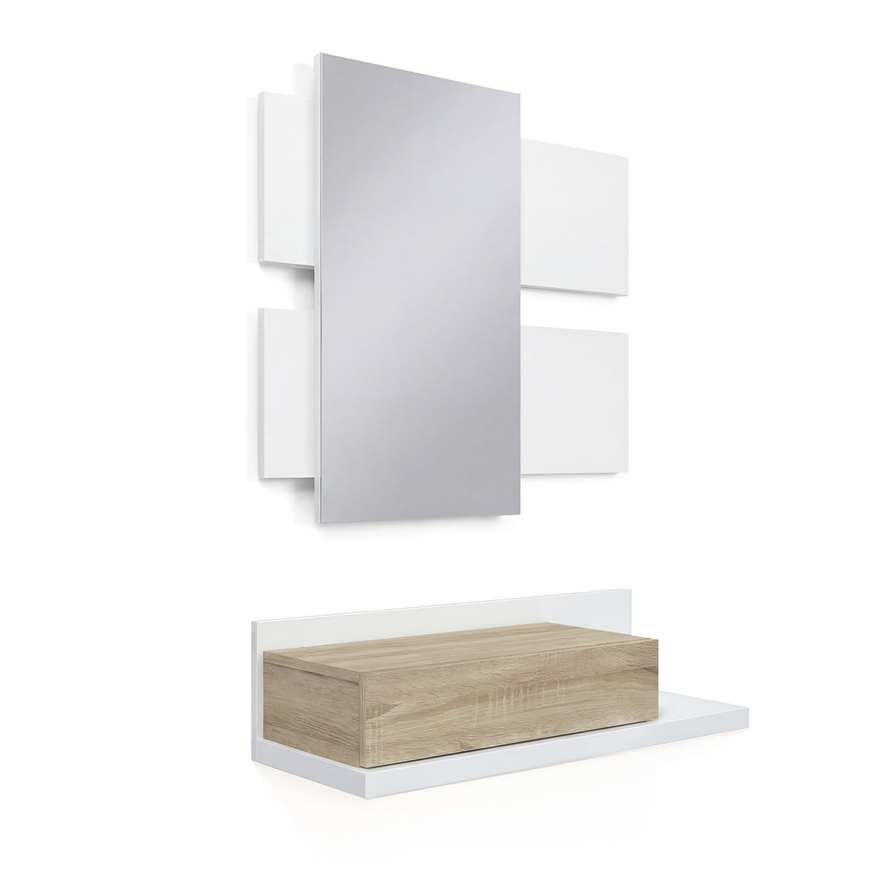 duehome | Recibidor con cajón y Espejo, Mueble de Entrada, Modelo Milo, Acabado en Blanco Artik y Roble Canadian, Medidas: 75 cm (Largo) x 29 cm (Fondo) x 116 cm (Alto)