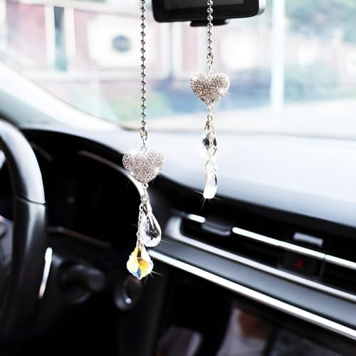BESULEN Bling Heart Car Pendant, Cute Crystal Rhinestone Vehicle Rear View Mirror Hanging Ornament, Auto Rearview Mirror Decor Charm Accessories for Women Girls, Universal for Most Vehicles (Style2) - Thumbnail 3