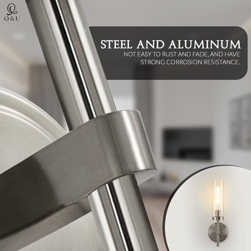 Image of Q&U Brushed Nickel Hardwired Wall Sconces Set of 2 - Modern Bathroom Vanity Light Fixtures, Farmhouse Wall Mount Lamps for Mirror, Living Room, Bedroom, and Hallway