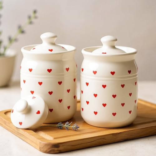 Image of Heart Print Ceramic Handglazed Pickle Jars Set of 2-1000 ML Each | 1 kg Achaar Martban Barni Jar with Lid | Ceramic Storage Jar Container Pickle /Achar, Chatney