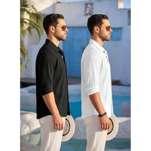 Image of FINIVO FASHION Men's Cotton Blend Shirt Set Lightweight, Full Sleeves, Plain Texture, Button Closure, Summer Ready (Pack of 2)