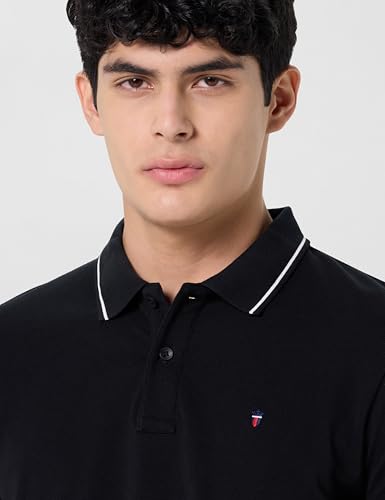 Image of Louis Philippe Men's Slim Fit Single-Tuck Pique Stylized Sleeve Print and Contrast Tipping Half Sleeve Solid Polo Tshirt