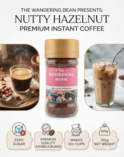 Image of The Wandering Bean Hazelnut Instant Coffee Blend With Rich & Smooth Nutty Flavoured Coffee (Pack Of 1, 100 Grams) Gift Festive, Best Gift Hamper, Granules, Bottle