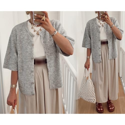 Image of Women Y2k Knitted Crop Cardigan Shirt Short Sleeve Button Down Ribbed Knit Crop Top Outwear Top Tee Shirt