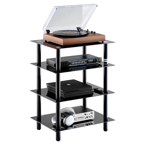 VEVOR 4-Tier AV Media Stand, Audio/Video Stand with Strengthened Tempered Glass Shevles for DVD/Cable Boxes/Games Consoles, Height Adjustable Media Storage Cabinet for Gaming/Recording Room