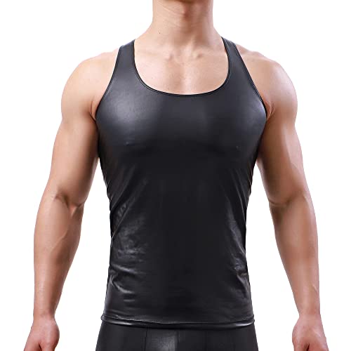 Yoobng Men's Sexy Faux Leather Tight Sleeveless Slim Fit Undershirt Tank Tops #TOP21