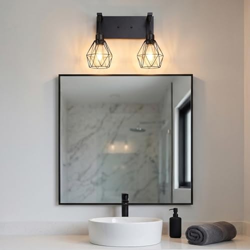 Image of Somniferous Farmhouse Bathroom Light Fixtures, 2 Light Bathroom Vanity Light Over Mirror, Black Bathroom Light with Caged Metal Shade, Rustic Wall Sconce for Bedroom, Living Room, Hallway, E26 Socket