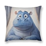 ZENBUY Decor Pillow Covers 18x18 Blue Hippo Funny Cartoon Cover Linen Outdoor Pillow Covers for Couch Sofa Living Room Kids Adults