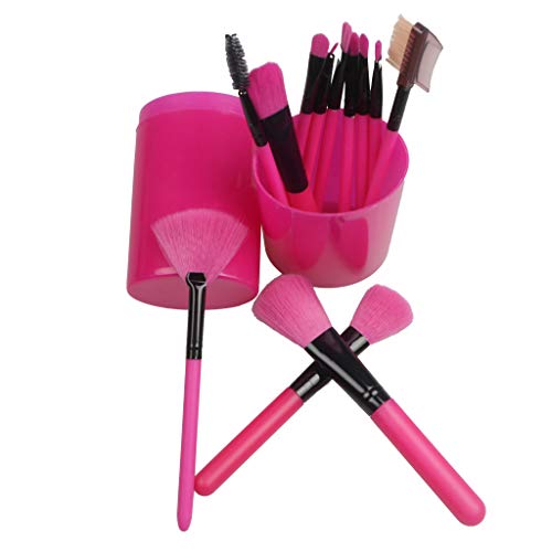 12 Pcs Makeup Brushes Face Powder Blush Eye Shadow Premium Synthetic Foundation Blending Concealer Makeup Brush Set (Rose Red)