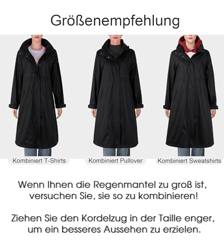 Regenmantel Damen lang Regenparka Damen wasserdicht atmungsaktiv gefütterte Regenjacke Trenchcoat Übergangsmantel Parka Outdoor, Schwarz, 38/M
