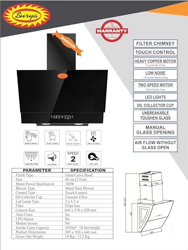 Image of Brand Surya Kitchen Chimney (Model Man-Go60) With Touch Control and Gesture Control in Black