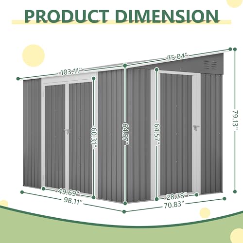 Image of YOPTO 8x6 FT Lean to Outdoor Storage Shed W /Adjustable Lockable Double Side Doors,Metal Shed W /Floor Frame & 2 Air Vents,Garden Tool House W /Updated Frame Structure,for Backyard Patio Lawn,Gray