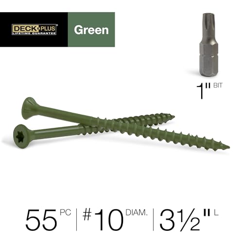 Image of Deck Plus 3-1 /2 Inch Epoxy Coated Exterior Wood and Fence Screws #10 x 3-1 /2 inch Torx /Star Drive Included Coarse Thread, Outdoor Rust Resistant Decking Screw, Green, 1lb Box, 55 Pieces | 48407