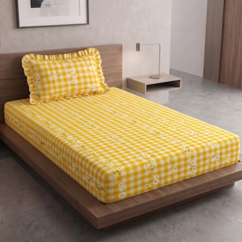 Image of Home Sizzler Microfibre Yellow Checkered Elasticated Fitted Single Bedsheet (36x72 Inches) with 1 Pillow Cover