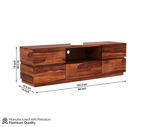 Image of Rustic Solid Sheesham Wood TV Unit Chest of Drawers for Living Room - 5 Drawers and 1 Shelf Storage - Accommodates up to 60 Inch TV (Bayern, Honey Finish)