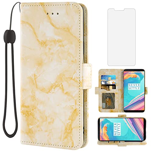 Asuwish Compatible with OnePlus 5T Case and Tempered Glass Screen Protector Cell Card Holder Slot Kickstand Flip Marble Wallet Phone Covers for Oneplus5T A5010 One Plus5T 1 Plus 1plus 1+ 1+5T Yellow