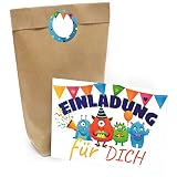 Kindergeburtstag Einladung Set mit je 8 Einladungskarten, Umschlägen, Tüten und Aufkleber - Monster Party