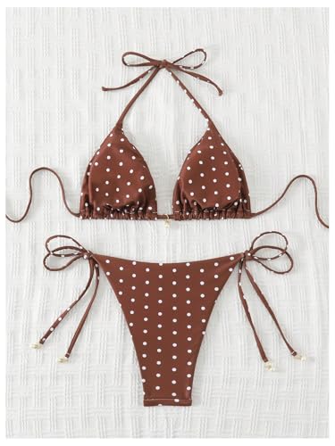 Image of SOLY HUX Women's Polka Dots Print Bathing Suit Halter Triangle Tie Side Bikini Sets Two Piece Swimsuit