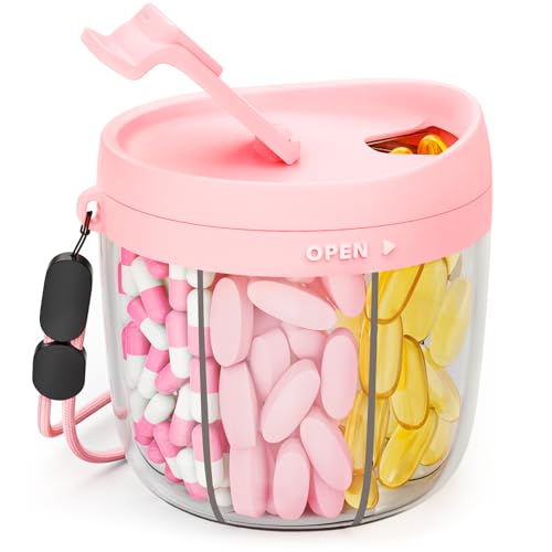 AUVON Pill Dispenser with 7 Large Compartments, Cute Portable Supplement Pill Box with Anti-Mixing & Wide Openings for Easy Use, Travel Tablet Organiser for Medicine, Vitamin Includes 20 Sticky Labels