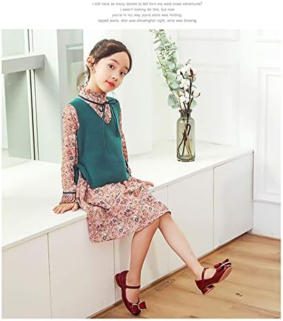 BININBOX Girls Bowknot Rhinestone Flower Low-Heels Girls Dress Flats Shoes Rhinestone Princess Leather Shoes Girl Sandals Mary Jane Shoes(12 M US Little Kid,Wine) | Image 2
