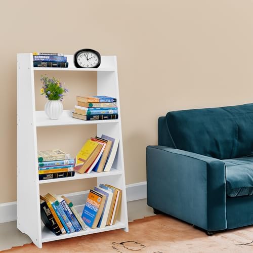 White Bookshelf, White Bookcase, 4 Tier Bookshelf, Wood Ladder Shelves Bookcase, Leaning Shelves for Living Room, Bedroom, Office. (White, 4 Tier)