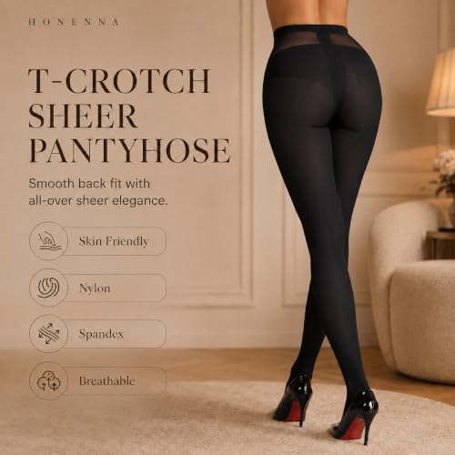 Image of HONENNA Sheer Tights for Women 2 Pairs Ultra Thin Reinforced T Crotch Control Top Pantyhose Stockings