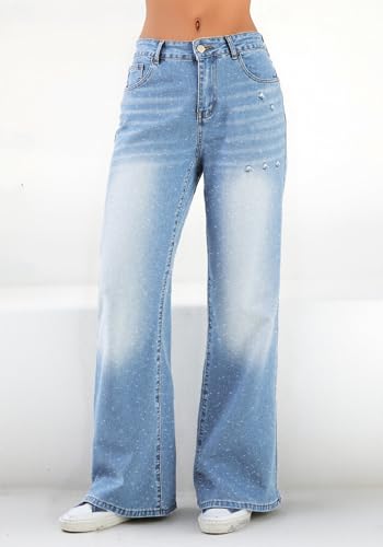 EMMIOL Jeans for Women Stretchy Mid-Low Waisted Wide Leg 2025 Trendy Casual Long Denim Pants Bottoms2