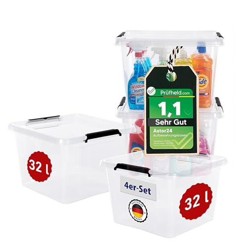 astor24 [Test SEHR GUT, NOTE 1.1] Aufbewahrungsboxen 4x 32 L, Aufbewahrungsbox mit Deckel, Aufbewahrung und Organisation, Organizer für Küche Büro Haushalt Schrank Schubladen [MADE IN EUROPE]
