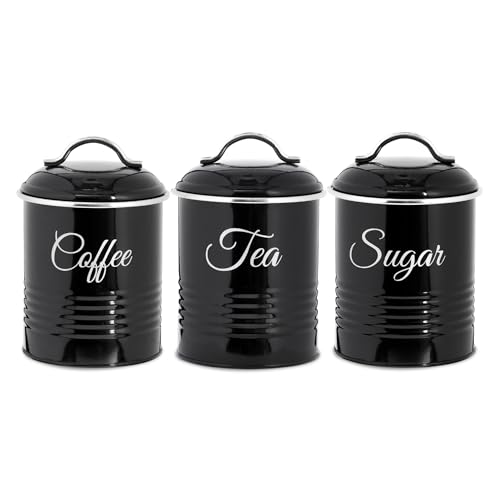 Innoteck Tea Coffee Sugar Canister Set - Set of 3 Kitchen Canister Sets with 1.3L Capacity, Food-Grade Metal Kitchen Food Storage with Airtight Lids, Tea Coffee & Sugar Tins for Organising, Black