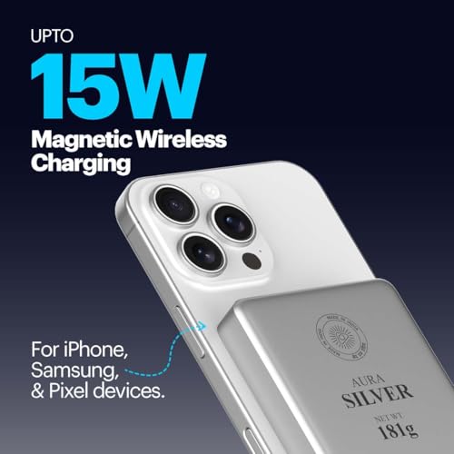 Image of Stuffcool Aura 10000mAh Magnetic Wireless Powerbank 15W Compatible with iPhone Samsung Pixel 20W PD Fast Charging Silver Colour BIS Certified