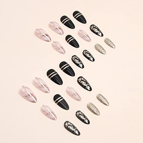 Black Almond Press On Nails Medium Length Gold Foil Fake Nails With Gold Foil Glitter Line Designs Glossy Coffin Nails Full Cover Nail Tips Glue On Nails Artificial Acrylic False Nails For Women 24Pcs #TOP3