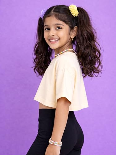 Image of KiddoPanti Girls 100% Cotton Solid Drop Shoulder Half Sleeve Round Neck Crop Tee