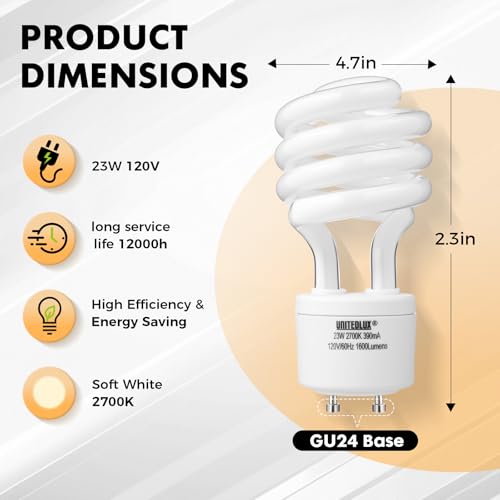 Image of 23Watt T2 Spiral CFL GU24 2 Prong Light Bulb Base 2700K 1600lm 120v 60Hz Light Bulb- Mini Twist Lock Spiral -Self Ballasted Compact Fluorescent Soft White(23W Pack of 4)