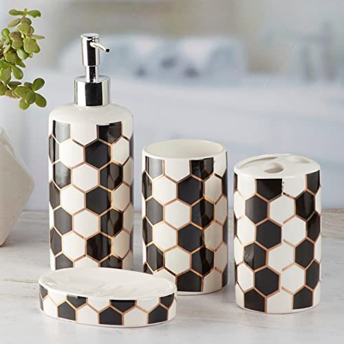 Image of SaSaSa Ceramic Bathroom Accessories Set of 4 Modern Bath Set with Soap Dispenser & Toothbrush Holder, Luxury Home & Gift Idea, White /Black (8351)
