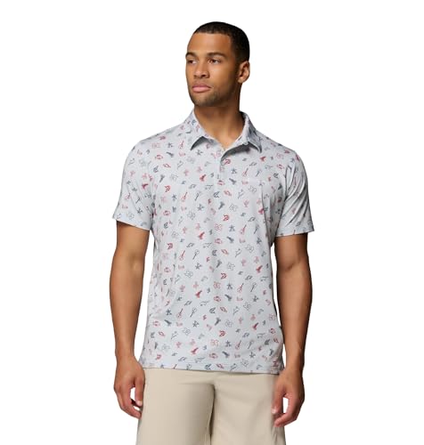 Columbia Men's PFG Super Slack Tide II Stretch Polo, Cool Grey Take Me to Texas, Medium