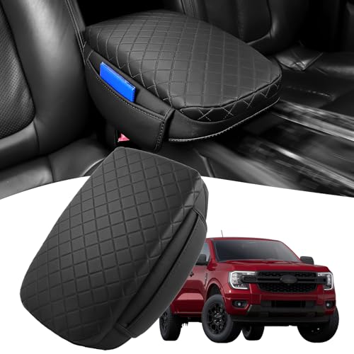 Zrebrio Center Console Cover for Ford Ranger 2024 2025 2026 PU Leather Armrest Cushion Pad with Side Pocket Middle Console Lid Protector Ranger Interior Accessories (Ranger 24-26 pad)