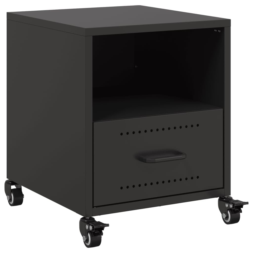 Table de chevet gain de space noire à roues pour chambre et petit salon