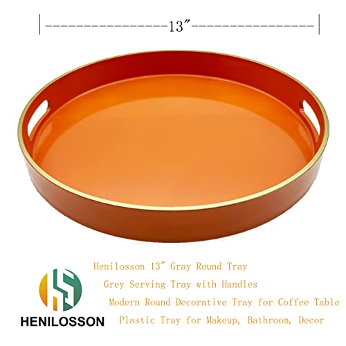Henilosson 13" Orange Round Tray, Orange Serving Tray With Handles, Modern Round Decorative Tray For Coffee Table, Plastic Tray For Makeup, Bathroom, Decor (Orange+Gl) #TOP2