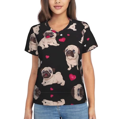 T-shirt de sport femme col en V avec motif carlin respirant