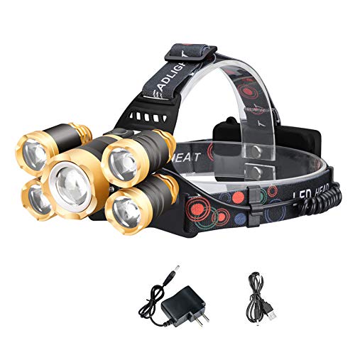 LED Headlamp Flashlight, Super Bright 5 Led Bulbs Cree XML-T6 8000 Lumens Headlight + 4xpe Rechargeable Zoomable Waterproof Head Torch for Outdoor Hiking Camping Hunting Fishing Cycling Running Walk