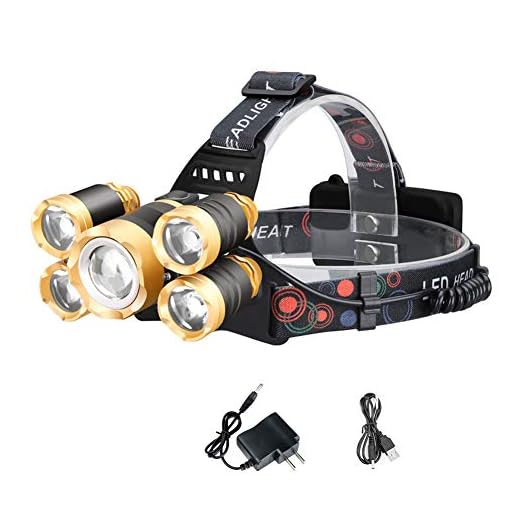 LED Headlamp Flashlight, Super Bright 5 Led Bulbs Cree XML-T6 8000 Lumens Headlight + 4xpe Rechargeable Zoomable Waterproof Head Torch for Outdoor Hiking Camping Hunting Fishing Cycling Running Walk