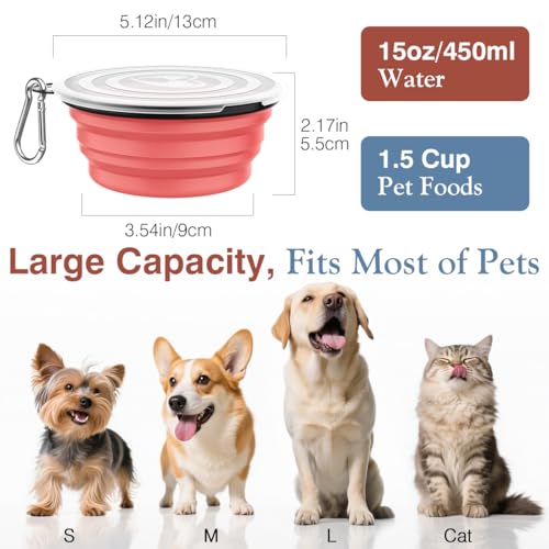 Pawaboo Faltbar Hundenapf, 2 Stück 450ml Hund Reisenäpfe Tragbar Silikon Auslaufsicher Trinknapf Fressnapf mit Deckel und Karabiner für Hunde Katzen Spaziergänge Unterwegs, Hellrosa + Blau