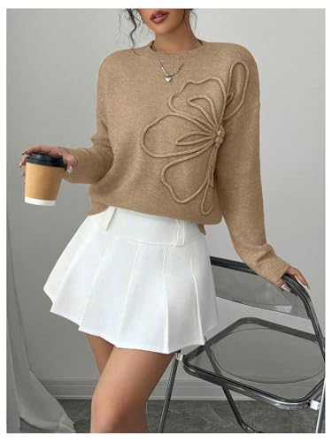 Image of RoseSeek Women's 3D Floral Appliques Crewneck Sweaters Long Sleeve Drop Shoulder Pullovers Elegant Knit Tops