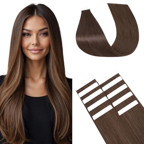 TESS Invisible Tape Hair Extensions Human Hair Real Hair Thin Type 10 Pcs 15G Lightweight For Highlight Straight Short - #02 Dark Brown - 12 Inch