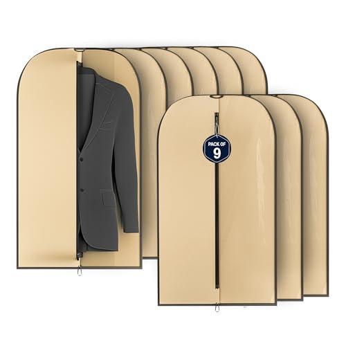 Image of Kuber Industries 9 Pcs Non Woven Coat cover | Travel Dress Covers with Zip | Hanging CoatJacket Bag for Wardrobe | Blazer Bags for Saree, Shirt | Unisex Half Transparent Suit Covers | Brown