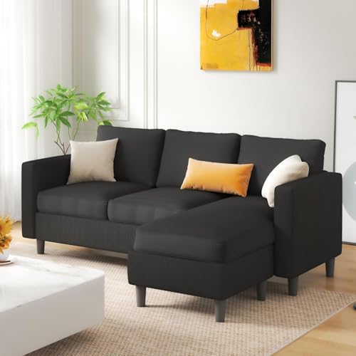 JAMFLY 3-Seat Convertible L-Shaped Sectional Sofa with Reversible Ottoman, Upholstered Fabric Couch for Small Living Rooms, Modern Modular Couch for Apartment, Studio & Loft, Black - Thumbnail 3