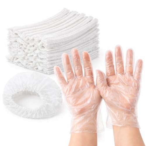Image of ADBENI Premium Disposable Bouffant Cap & Clear Plastic Gloves Combo | Non Woven Hair Net + Transparent Gloves | For Food Handling, Kitchen, Salon, Spa, Industries, Home & Professional Use
