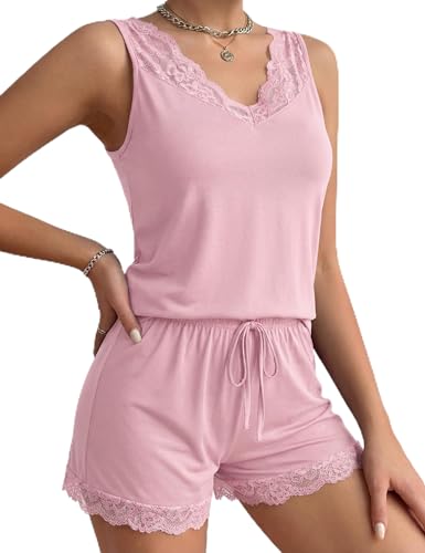 Image of Demegimi Women's Pyjama Set Soft Sleeveless Cami Tank Pjs Set with Drawstring Shorts Elegant V-Neck Summer Sleepwear Loungewear with Lace Trim Pink