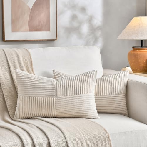 Image of Fancy Homi 2 Packs Cream Lumbar Decorative Throw Pillow Covers 16x26 Inch for Living Room Couch Bed Sofa, Rustic Farmhouse Boho Home Decor, Soft Striped Corduroy Rectangle Accent Cushion Case
